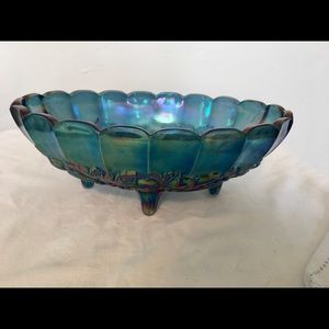 Blue Carnival oval serving bowl, grapevine pattern